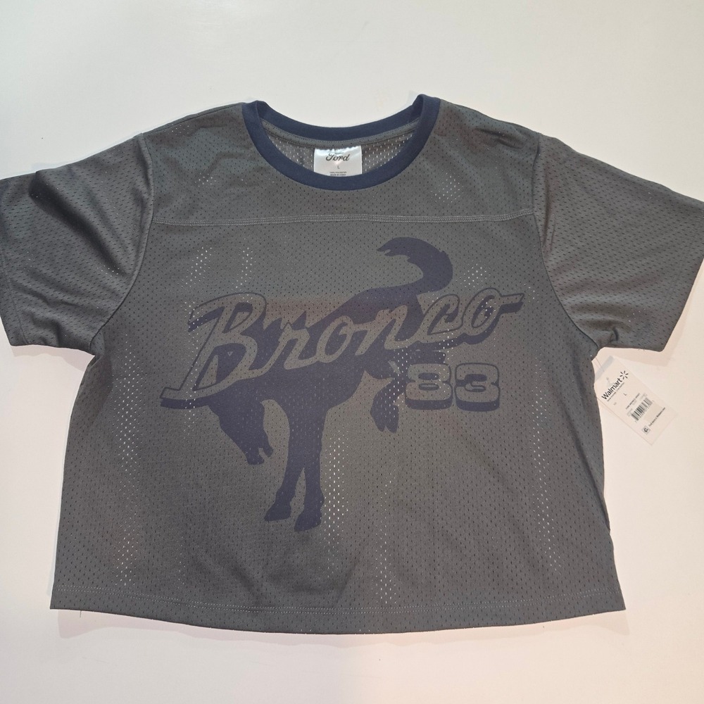 Ford Bronco 83 Graphic Mesh Jersey Crop Top Gray Short Sleeve Womens Large NWT